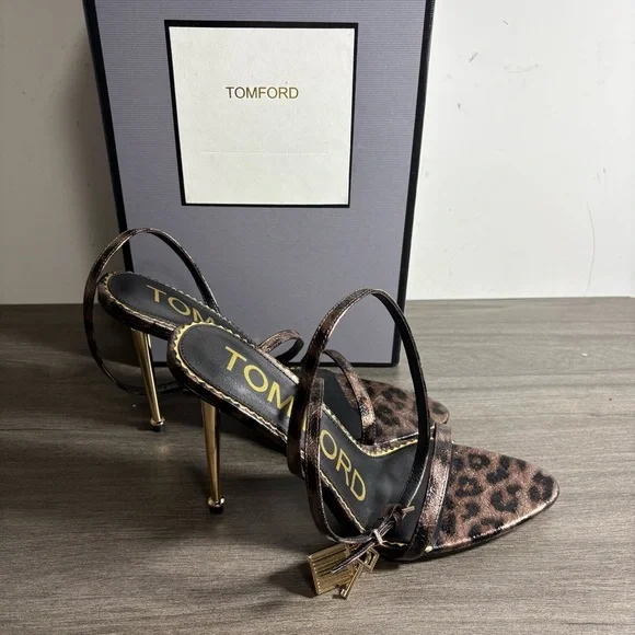 Tom Ford Leopard Print Satin Strappy Heels with Gold Stiletto - Picture 3 of 5